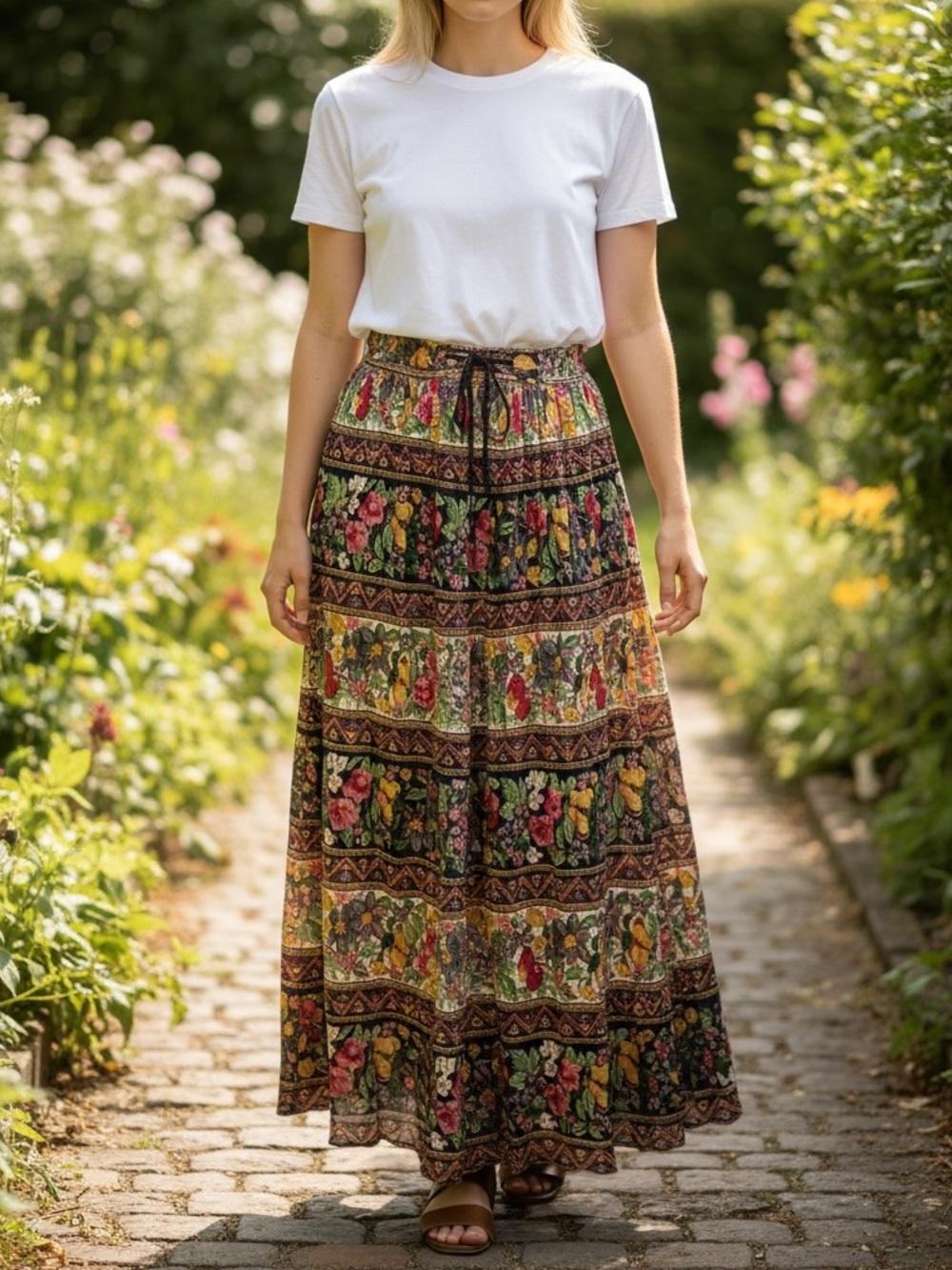 Vintage Zero Zero Floral Boho Maxi Skirt Drawstring Cotton M